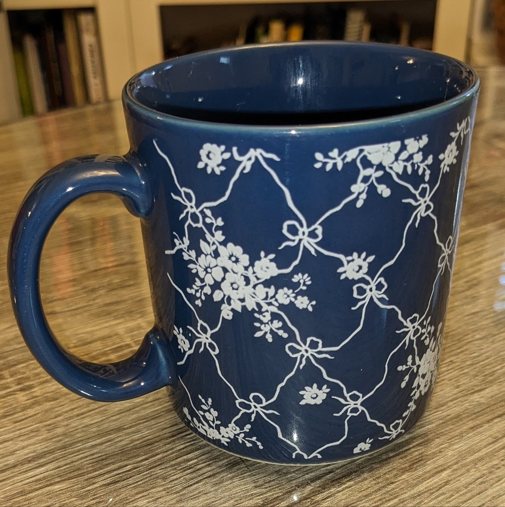 Floral Mug Navy White Lattice Ribbons Bow Design Cottagecore Romantic Coffee Tea